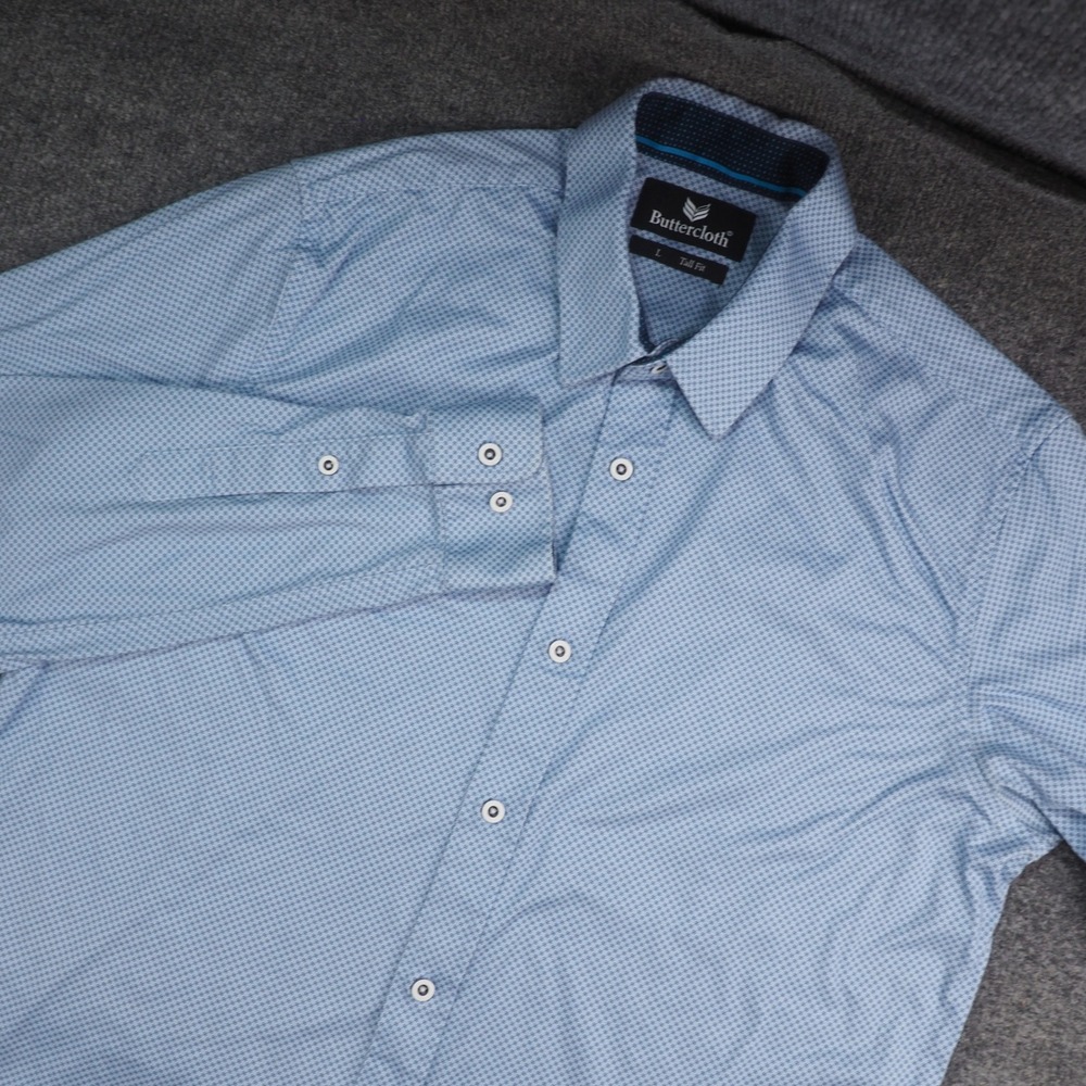 Buttercloth Shirt Mens Large Tall Fit Blue Geometric Long Sleeve Business Casual